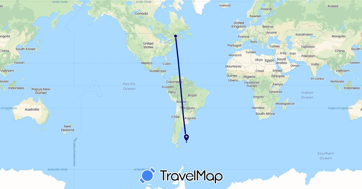 TravelMap itinerary: driving in Canada, Falkland Islands (North America, South America)